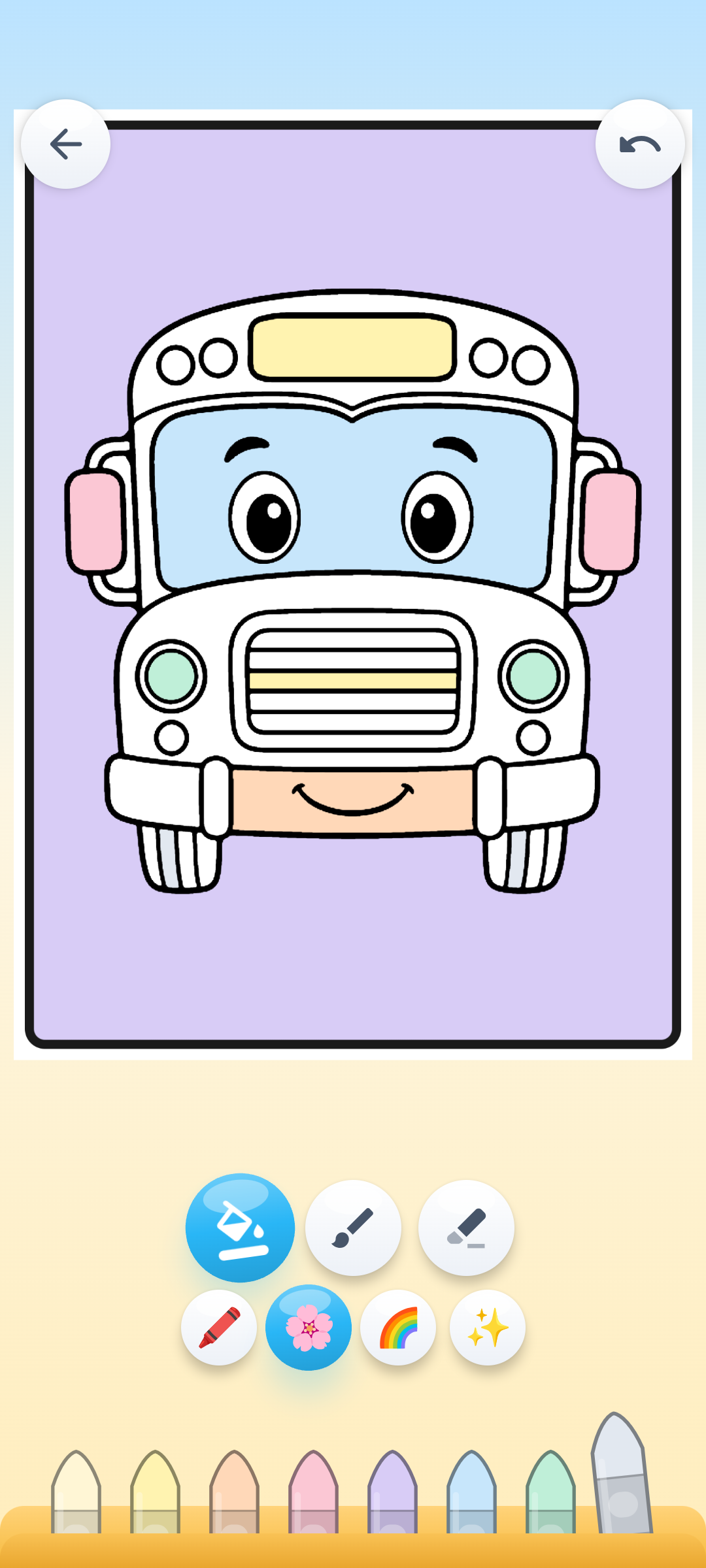 Un bus scolaire entièrement colorié en tons pastel sur un téléphone