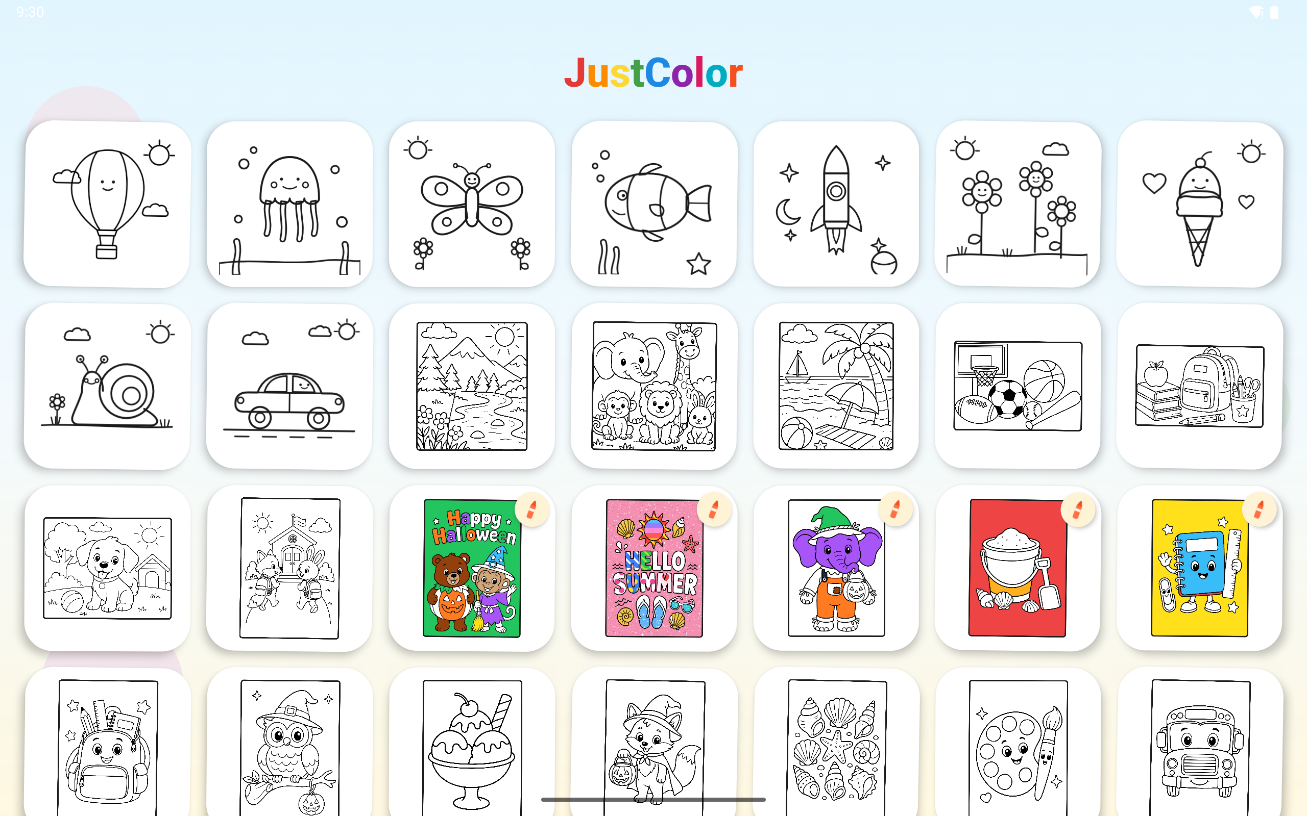 Home grid showing dozens of colouring pages