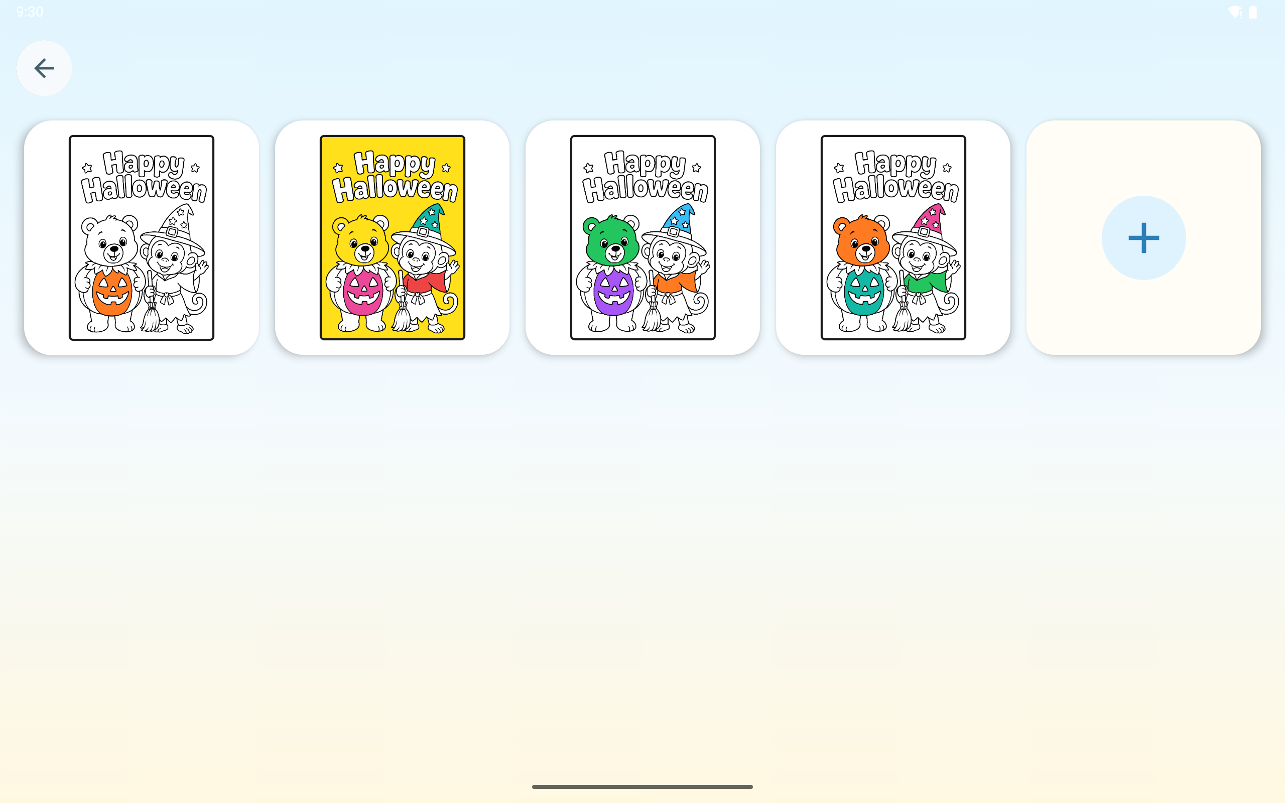 Quatre versions de la même page d'Halloween, coloriées différemment, côte à côte