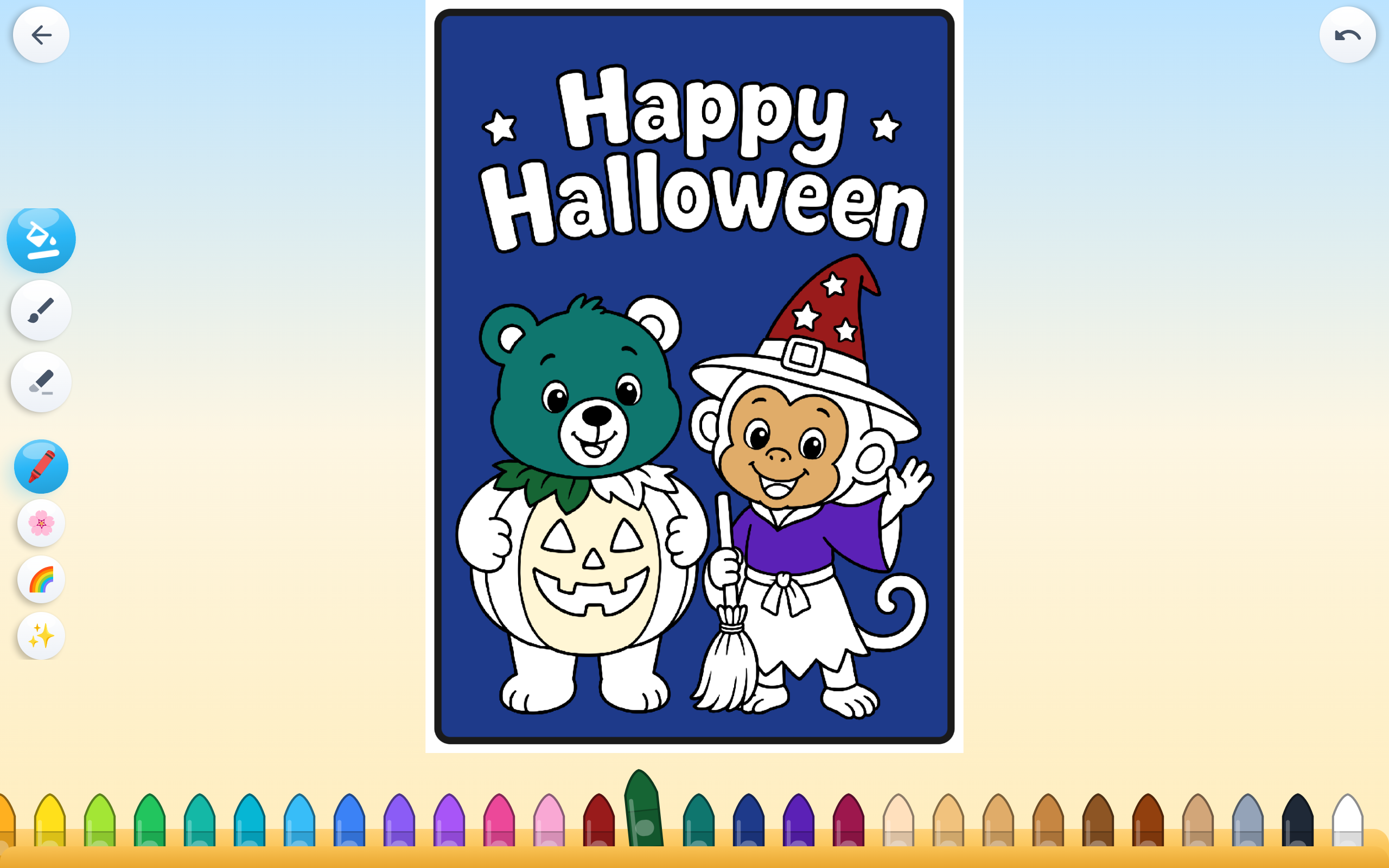 Une page d'Halloween coloriée avec des teintes foncées et une teinte de peau, la boîte de crayons en dessous